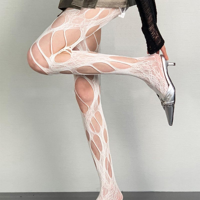 CARALL Women's Ripped Fishnet Tights Gothic Irregular Distressed Hole Hollow Out Mesh Tights Stockings Y2k White Lace Pantyhose for Women Girls Halloween Cosplay Masquerade Party Accessories - Image 4
